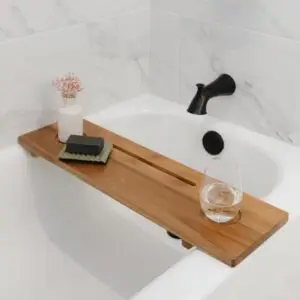 Luxury Acacia Wood Bathtub Tray – 29” Adjustable, Anti-Tip Design | Non-Toxic, Sustainable Bath Caddy for Wine, Books & Candles