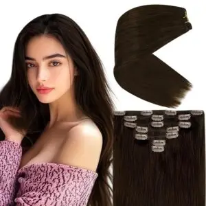 VE Sunny 18" Clip-In Hair Extensions (7pc) – 100% Remy Human Hair, Dark Chocolate Brown | Double-Weft, All-Day Comfort for Volume & Length