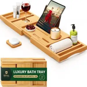 "ROYAL CRAFT WOOD Premium Foldable Bathtub Tray – Expandable Bamboo Bath Shelf for Relaxation | Spa Gift for Mom (Birthday, Mother’s Day, Housewarming)